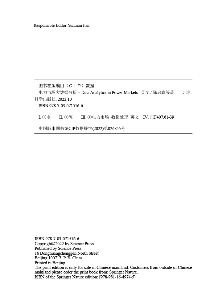 电力市场大数据分析=Data Analytics in Power Markets:英文