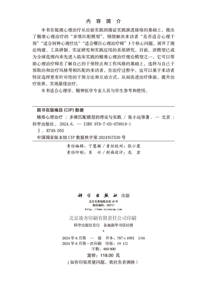 精准心理治疗：多维匹配模型的理论与实践