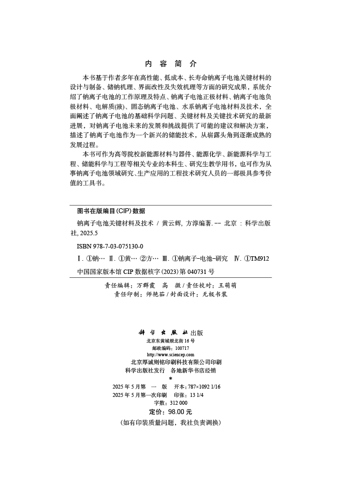 钠离子电池关键材料及技术