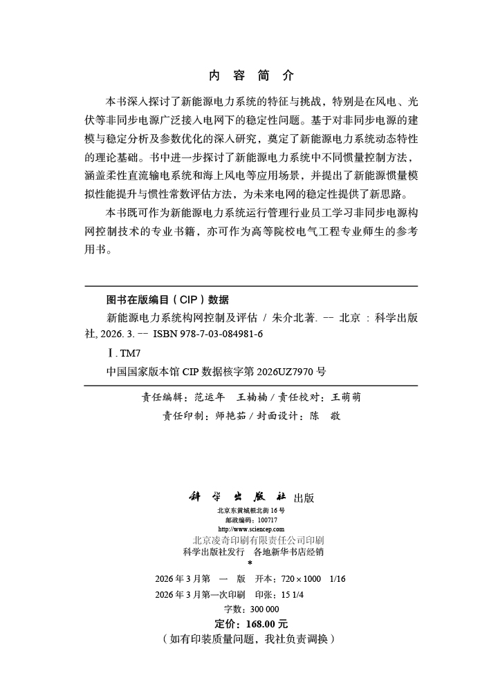 新能源电力系统构网控制及评估